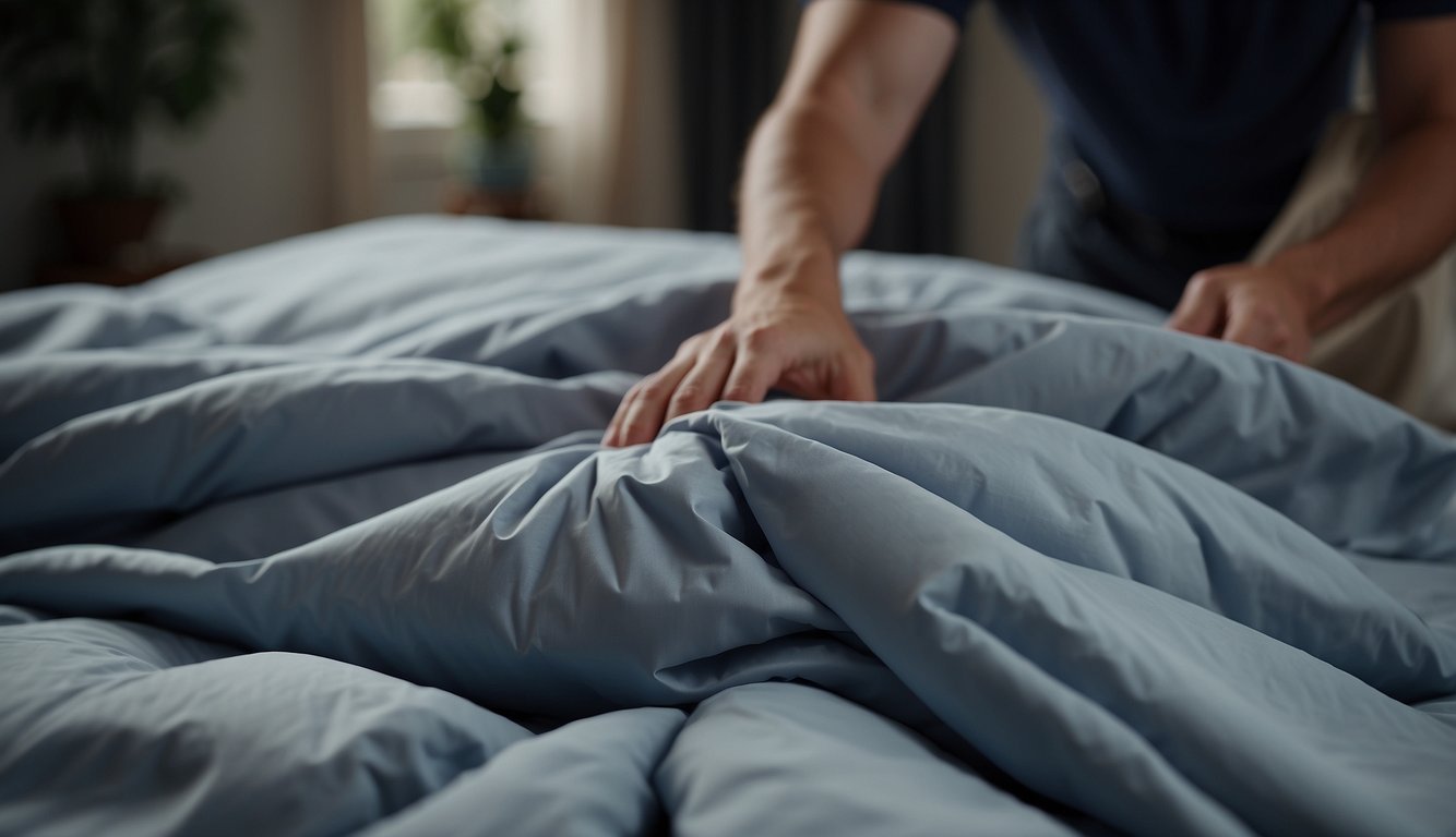 A duvet cover is being removed from a duvet, with buttons or ties being undone. The cover is then turned inside out and folded neatly
