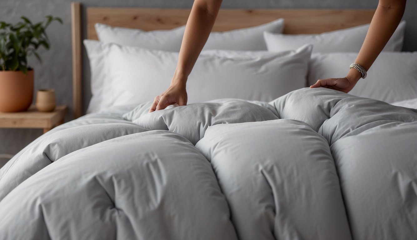 A duvet cover is shown being placed over a fluffy comforter, with corner ties securing it in place. The cover features innovative designs and easy-to-use zipper or button closures for added convenience