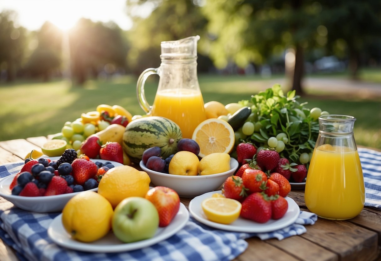 A colorful spread of fresh fruits, grilled vegetables, and vibrant salads arranged on a picnic table with a pitcher of refreshing lemonade