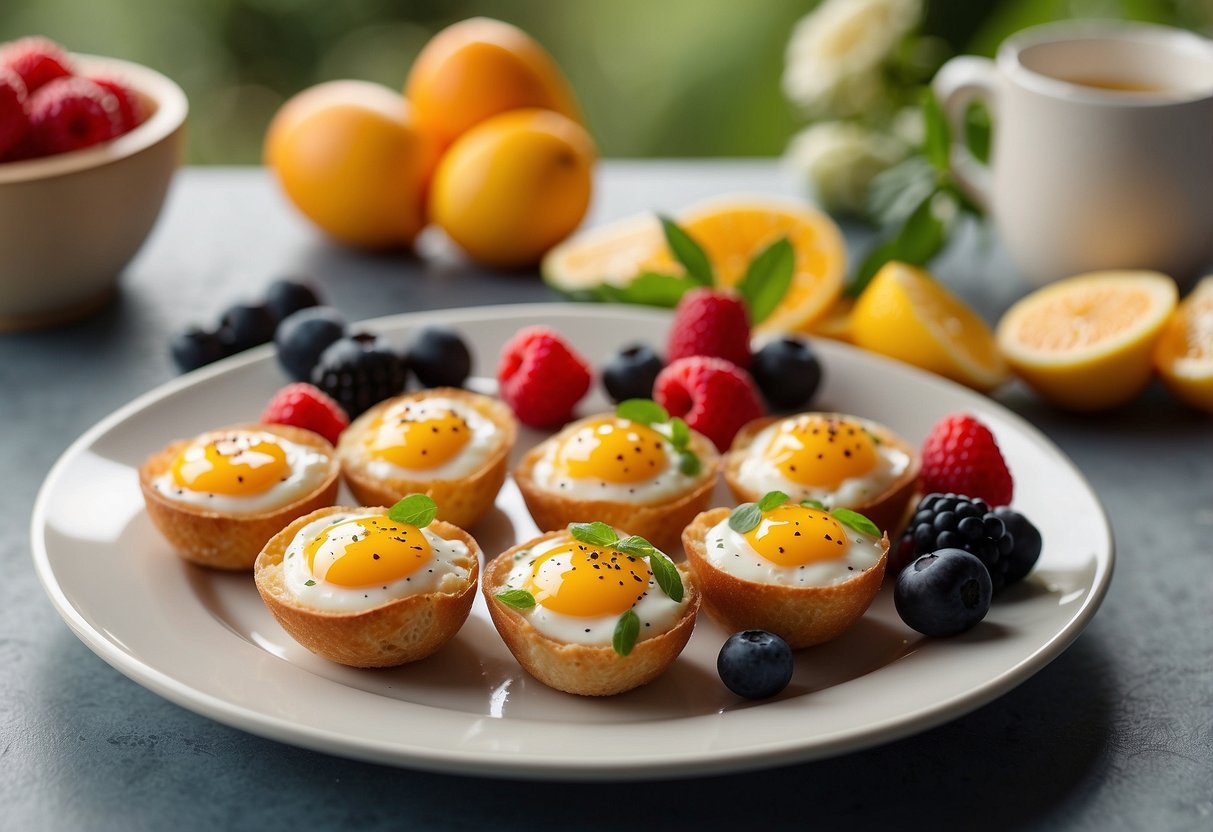 A plate of breakfast egg bites surrounded by fresh summer fruits and flowers