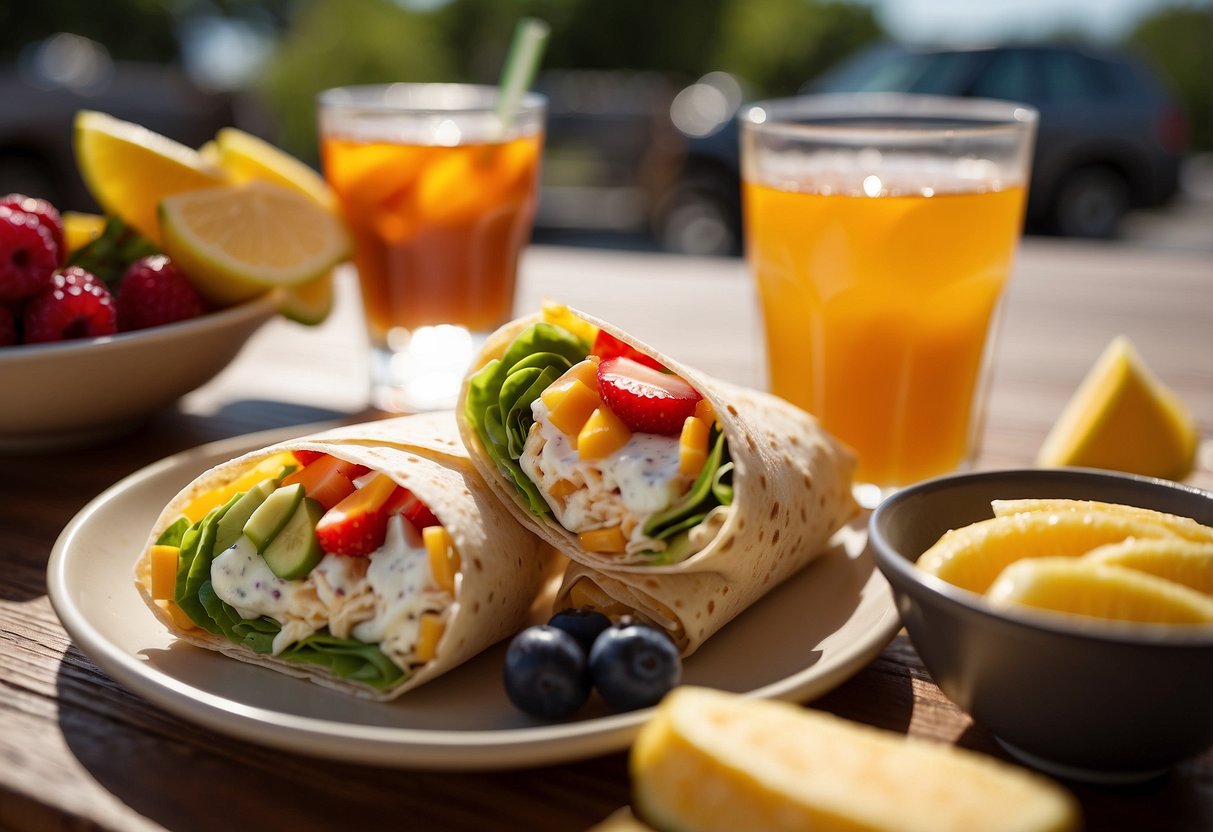 A colorful breakfast cheese wrap surrounded by fresh summer fruits and a glass of iced tea on a sunny outdoor table
