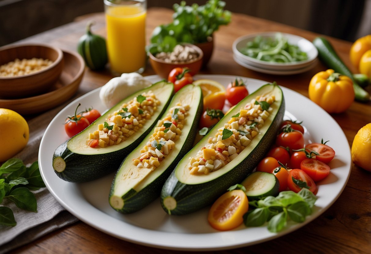 A wooden table set with zucchini boats filled with breakfast ingredients, surrounded by vibrant summer produce and a copy of "25 Best Summer Recipes."