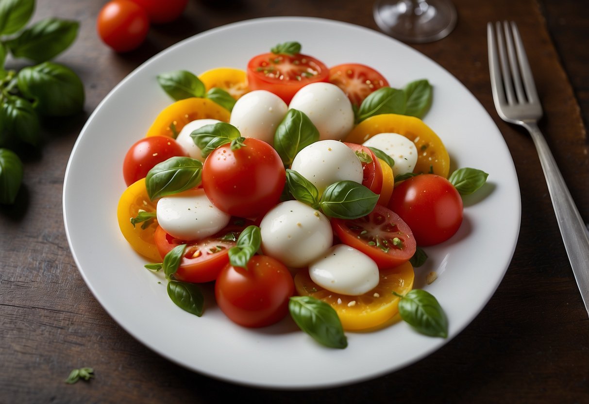 A vibrant Caprese salad sits on a white plate, with ripe tomatoes, fresh mozzarella, and basil leaves arranged in a colorful pattern