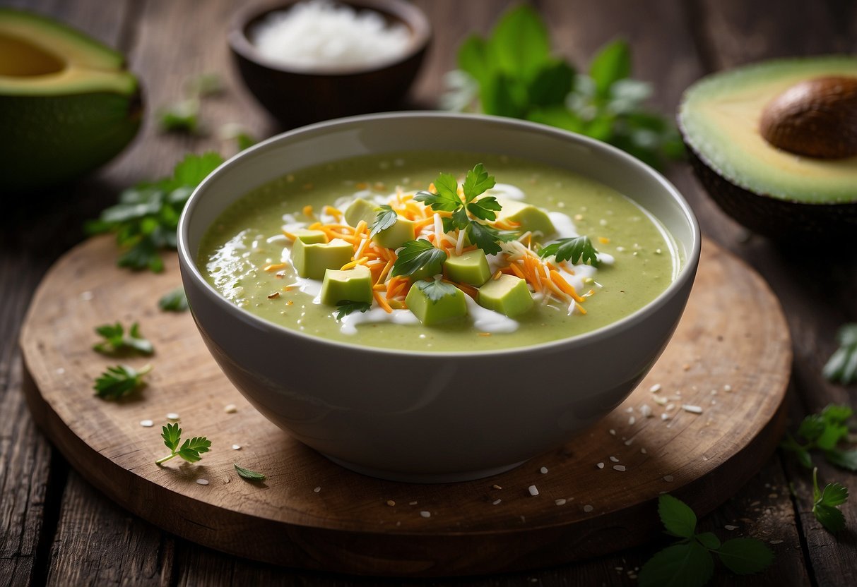 A steaming bowl of creamy avocado and coconut soup sits on a rustic wooden table, garnished with a sprinkle of fresh herbs and a drizzle of olive oil