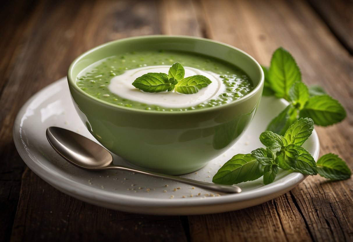 A bowl of chilled pea and mint soup sits on a rustic wooden table, garnished with a swirl of cream and a sprinkle of fresh mint leaves