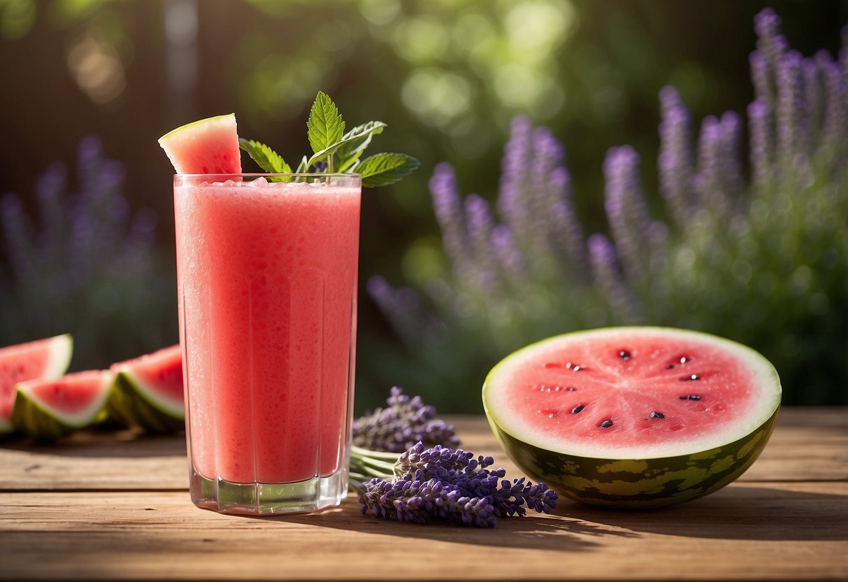 A glass of watermelon lavender slushie sits on a rustic wooden table, surrounded by fresh watermelon slices and sprigs of lavender. The vibrant pink slushie glistens in the sunlight, inviting and refreshing