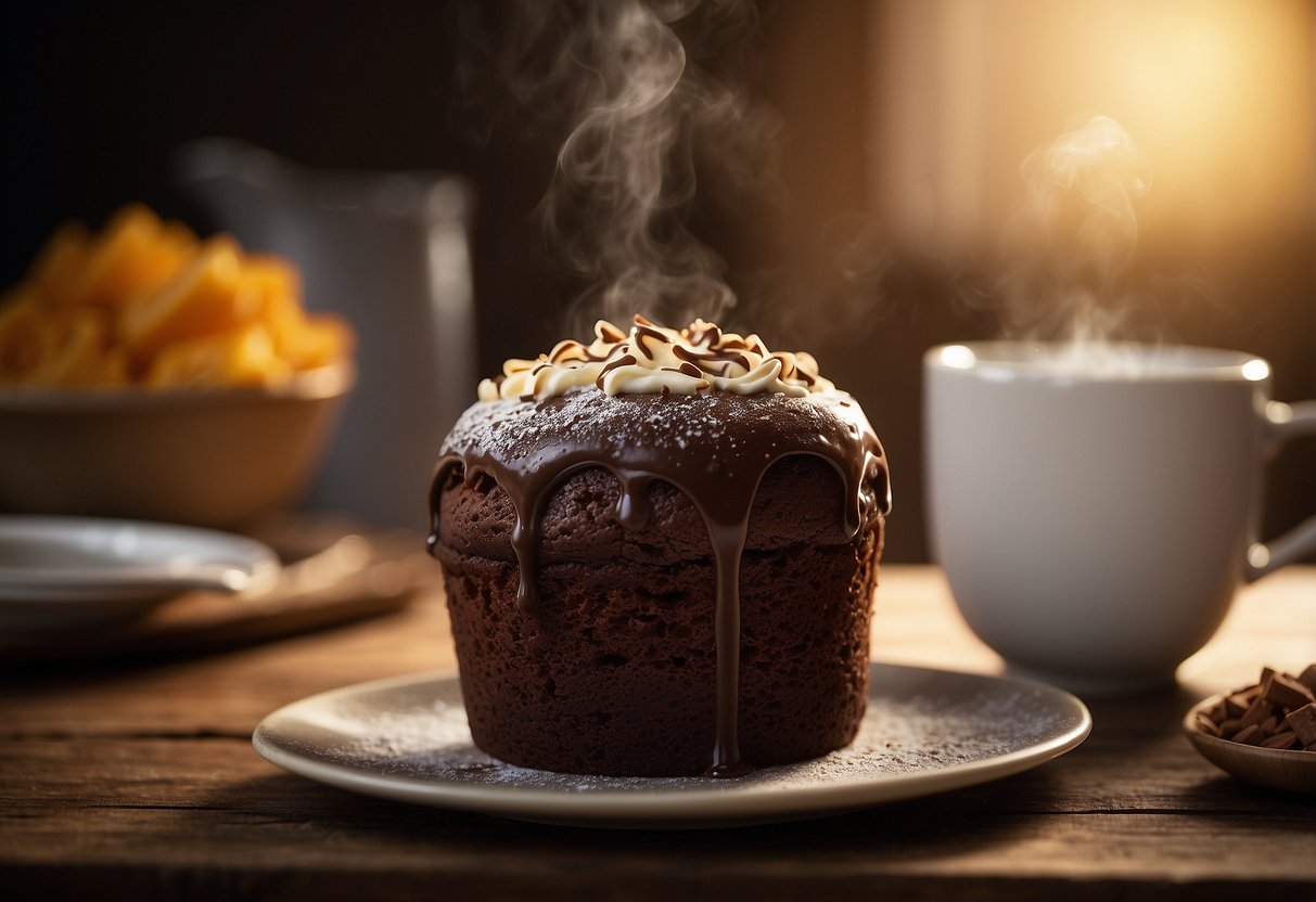 A chocolate mug cake sits on a table, steam rising from its rich, moist surface. Beside it, a copy of "25 Best Summer Recipes" is open to the page featuring the recipe