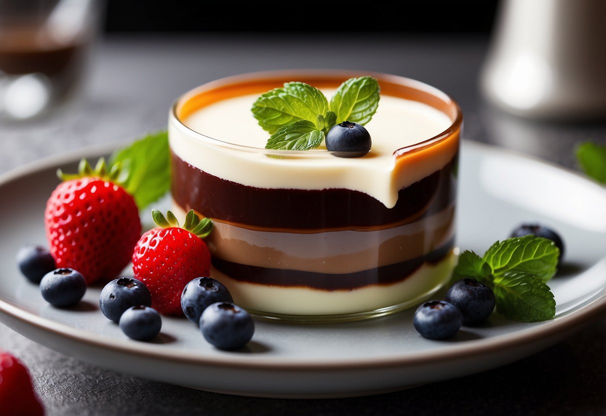 A glass dish filled with layers of chocolate and vanilla panna cotta, topped with a glossy fruit compote and fresh mint leaves