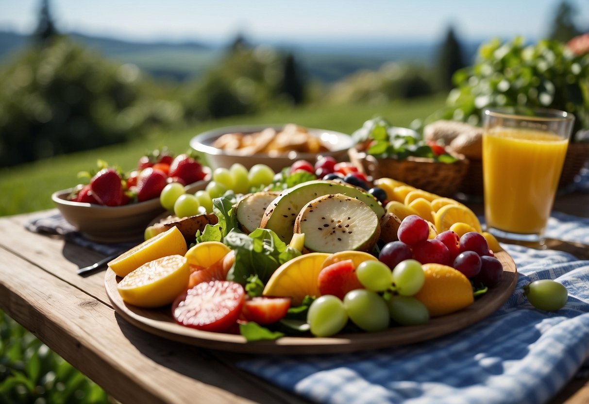 A colorful outdoor picnic spread with fresh fruits, vibrant salads, and sizzling grilled dishes, surrounded by sun-kissed greenery and a clear blue sky