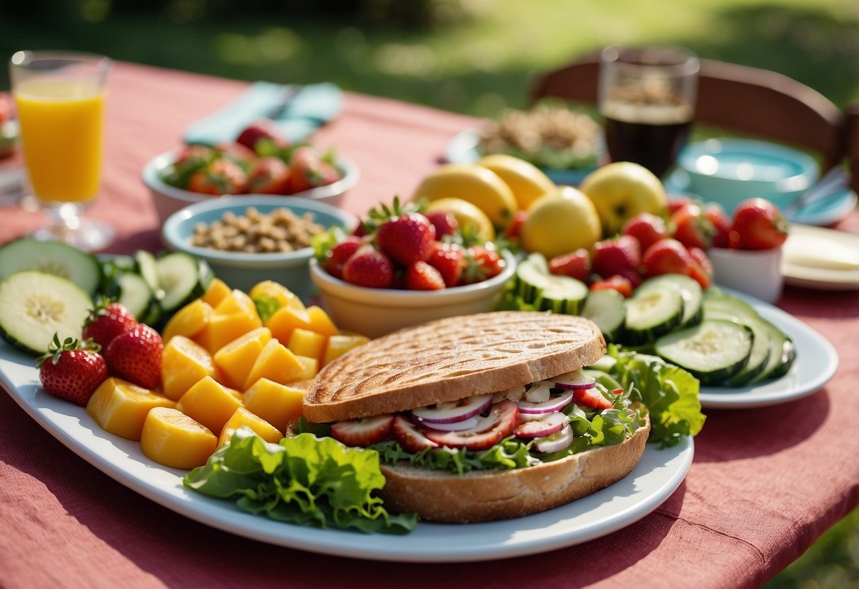 A colorful picnic spread with fresh fruits, salads, and grilled dishes, set against a sunny outdoor backdrop with a clear blue sky and lush greenery