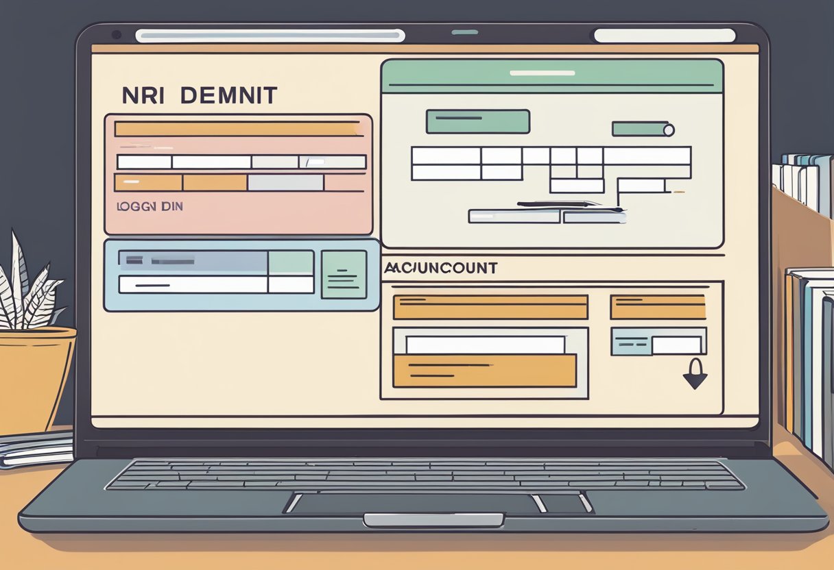 A laptop displaying NRI Demat account login page with a passport and a pen on the side