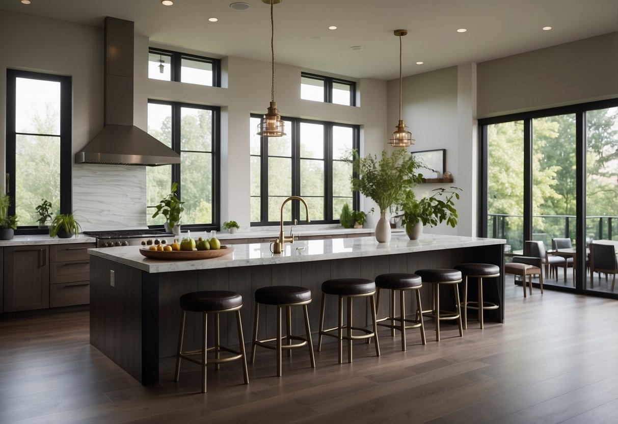 A modern kitchen with sleek countertops, stainless steel appliances, and a large island with bar stools. Natural light floods in through large windows, illuminating the space