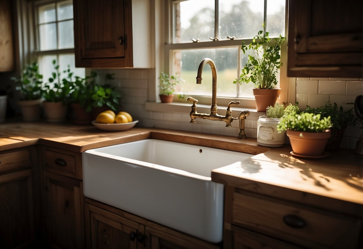 A farmhouse sink surrounded by rustic wooden cabinets, a window above with sunlight streaming in, fresh herbs on the windowsill, and a vintage faucet with a stack of clean dishes nearby