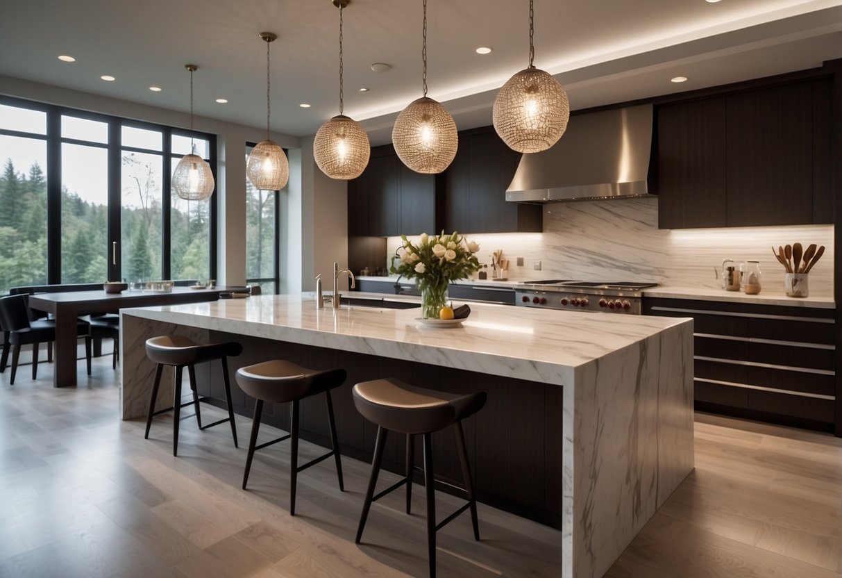 A spacious kitchen island with seating for four, surrounded by modern pendant lighting and a sleek marble countertop