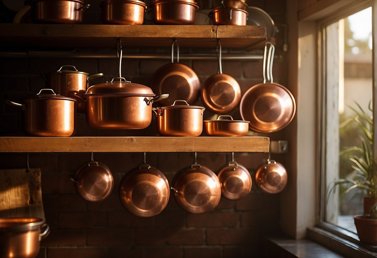 A gleaming array of copper cookware hangs on a rustic kitchen wall, reflecting the warm glow of the sunlight streaming through the window