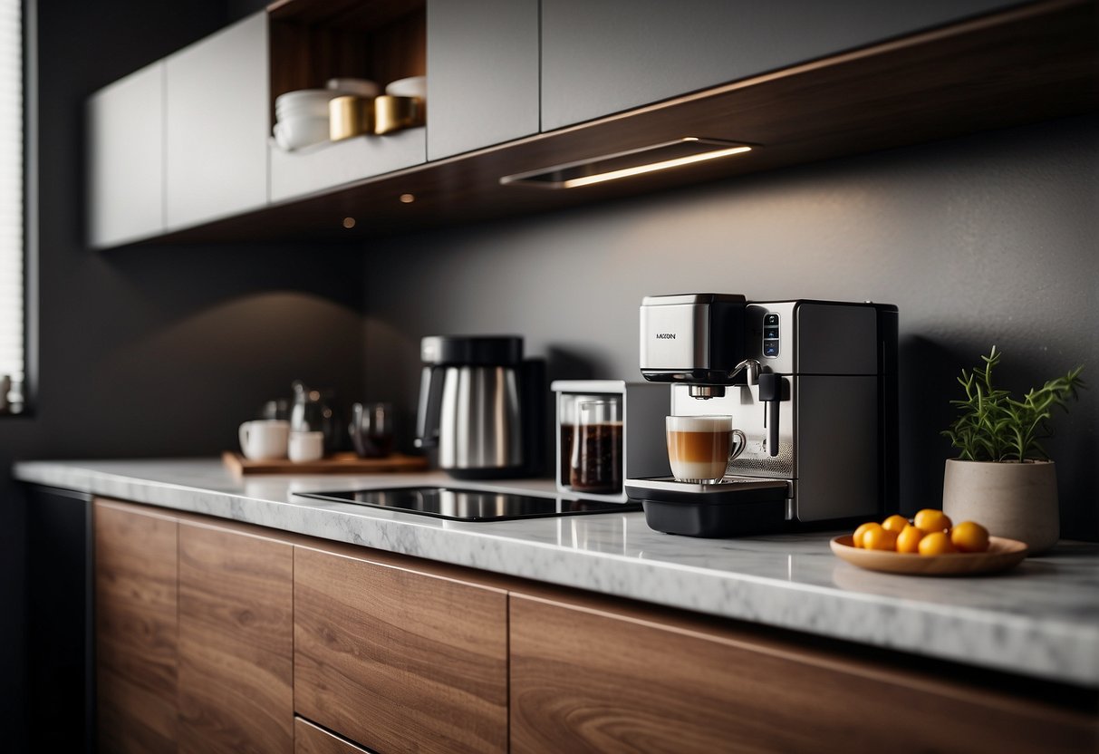 A sleek, modern kitchen with a built-in coffee station featuring a stylish espresso machine, shelves stocked with coffee mugs, and a marble countertop for brewing and serving