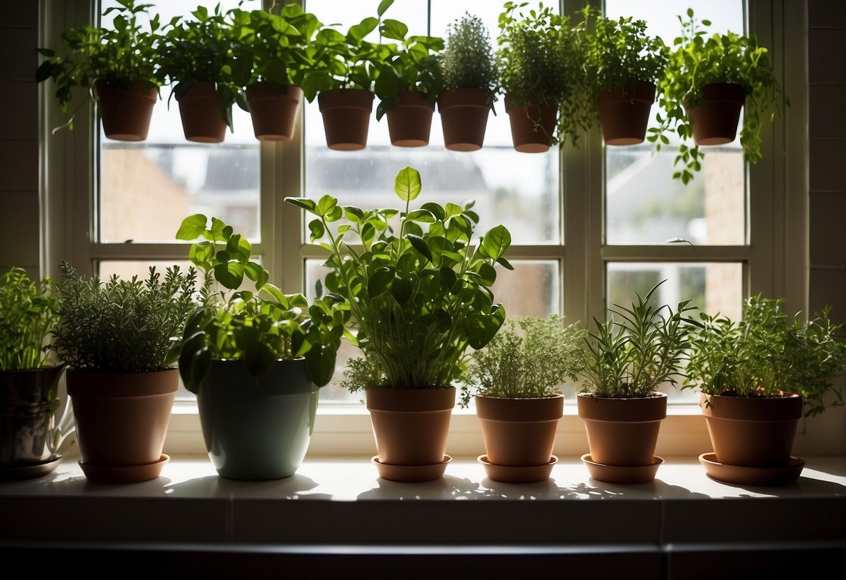 A sunny kitchen window filled with pots of fresh herbs, including basil, rosemary, and thyme. The light streams in, illuminating the greenery