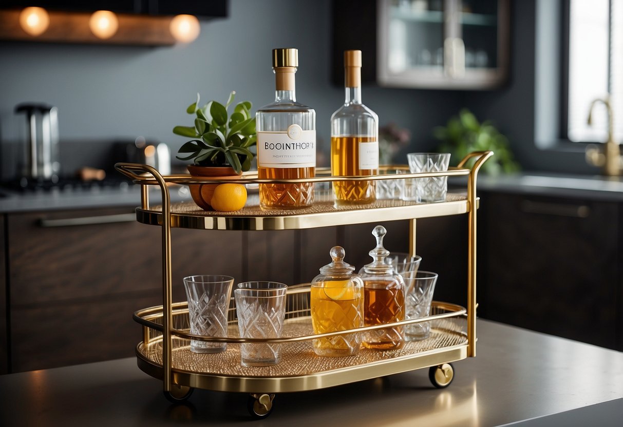 A stylish bar cart sits in a modern kitchen, adorned with sleek glassware and top-shelf spirits, creating a sophisticated and inviting ambiance