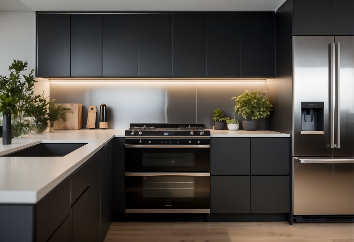 A sleek, modern kitchen with a hidden appliance garage, neatly concealing small appliances and creating a clean, clutter-free countertop space