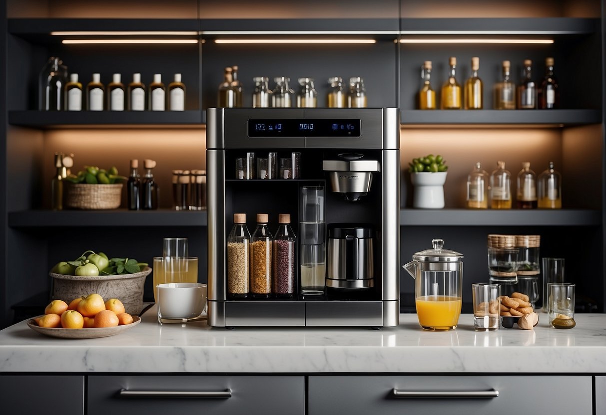 A modern kitchen with a sleek beverage center, featuring a variety of drinks and glassware neatly organized on the shelves