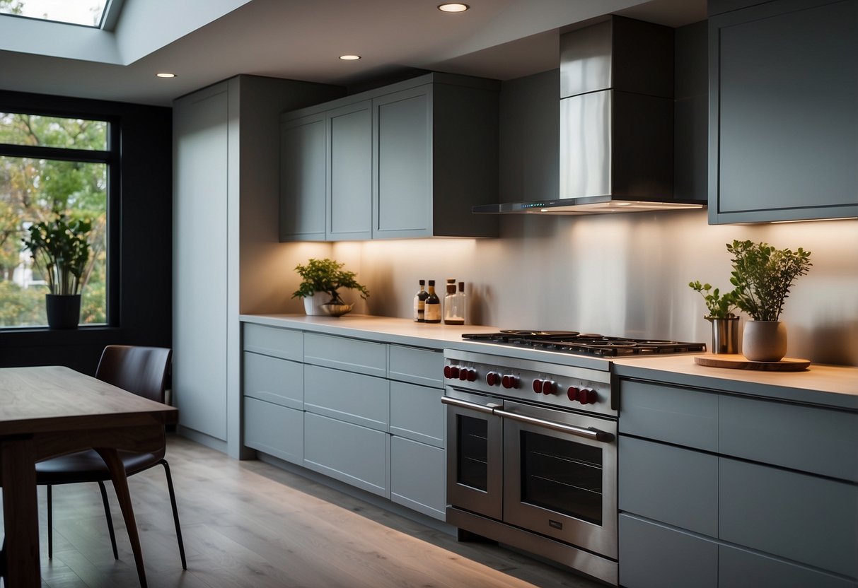 A sleek, modern kitchen with a custom range hood as the focal point. Clean lines, stainless steel, and ambient lighting create a stylish and functional space