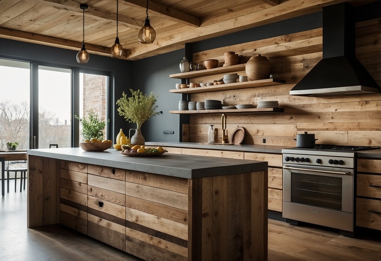 A modern kitchen with reclaimed wood accents, including a rustic kitchen island, open shelving, and a reclaimed wood backsplash