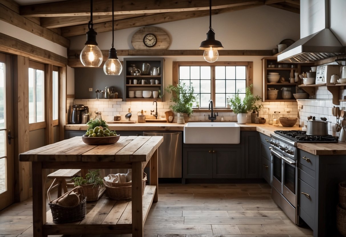 A rustic kitchen with a sliding barn door, exposed wooden beams, and industrial lighting. A farmhouse sink and open shelving complete the cozy, modern-country vibe