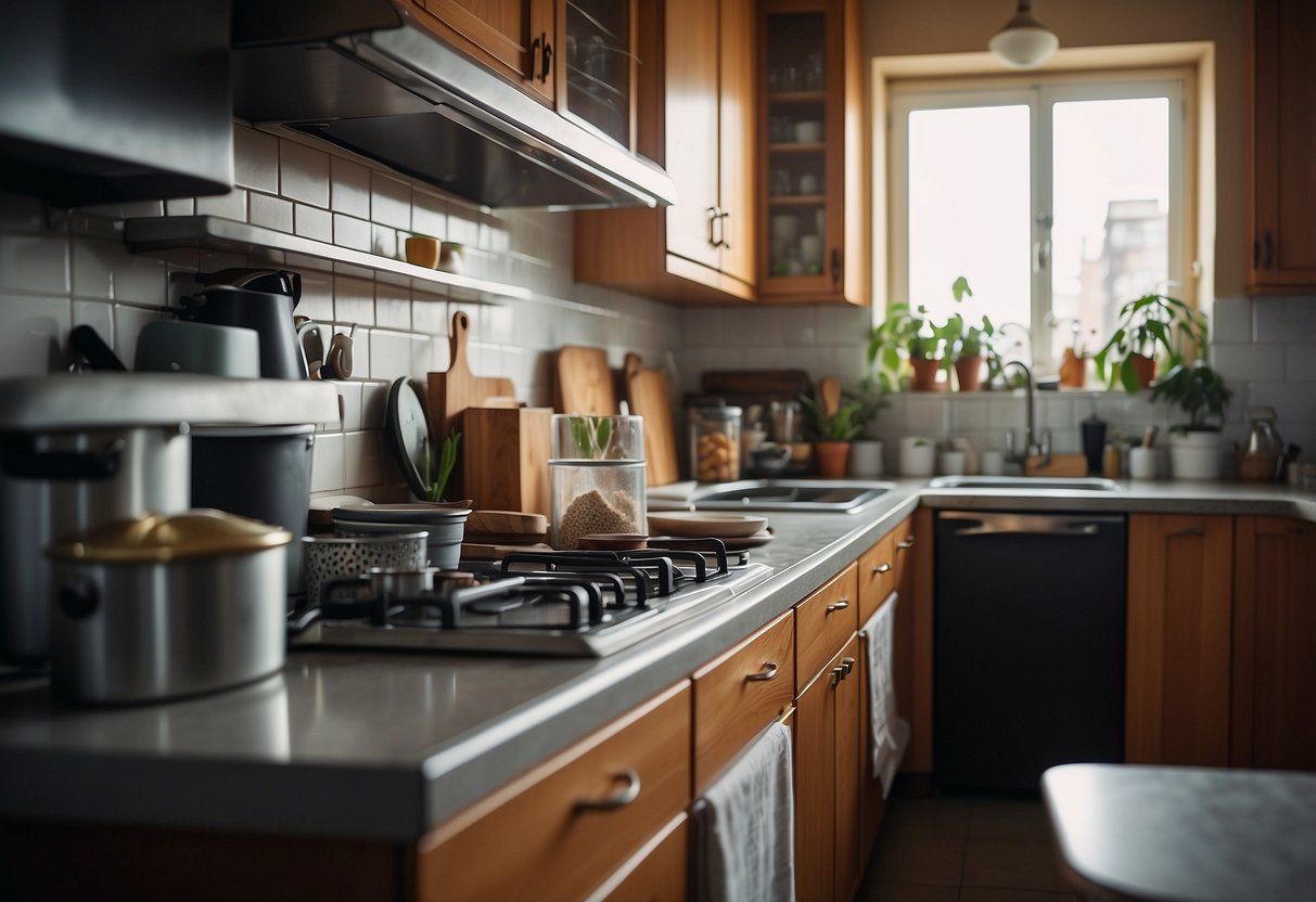 A cluttered kitchen with a hidden trash bin, surrounded by various kitchen ideas and designs