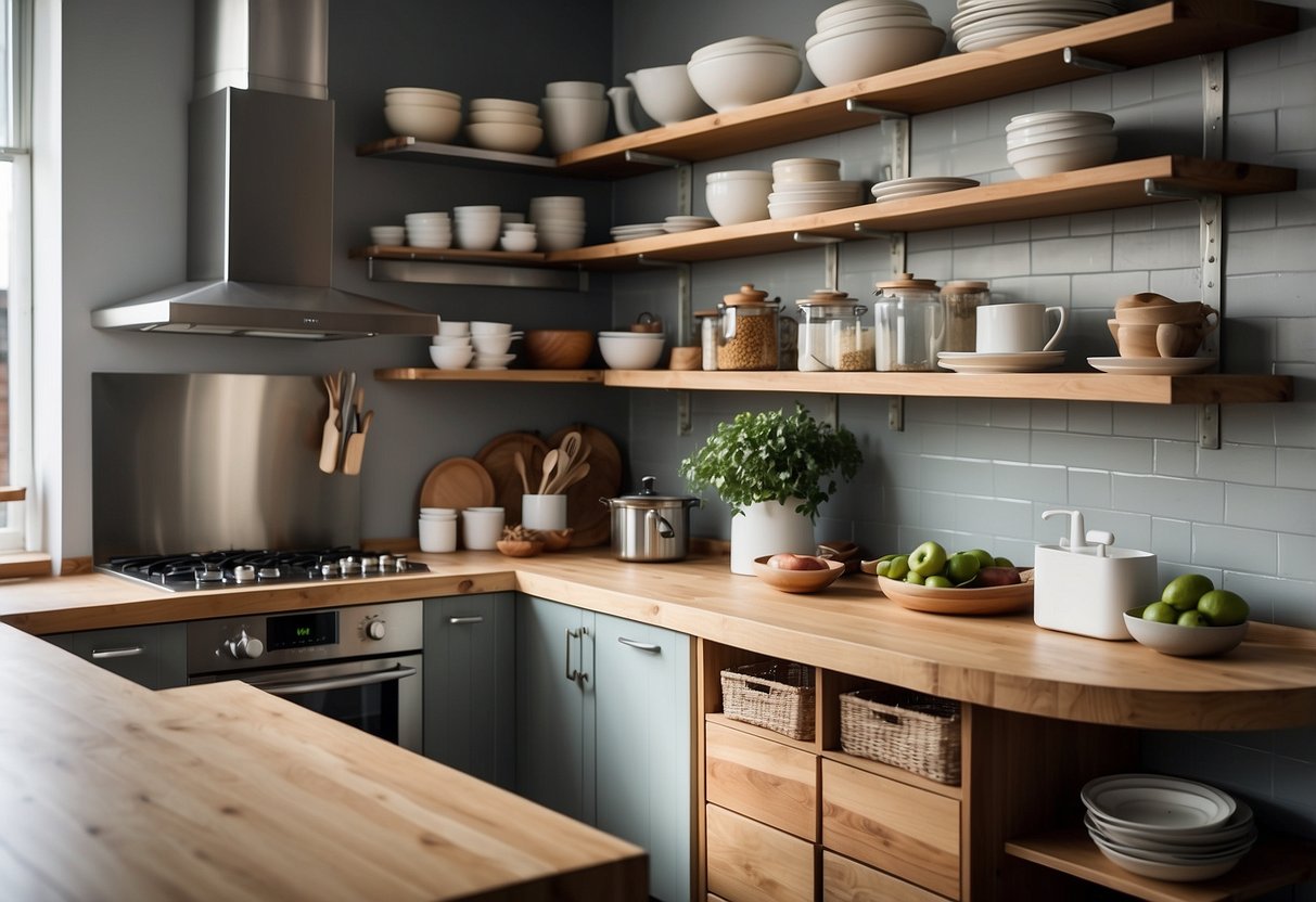 A well-organized kitchen with efficient storage, ample counter space, and easy access to essential tools and appliances. Bright, natural lighting and a cohesive color scheme tie the space together