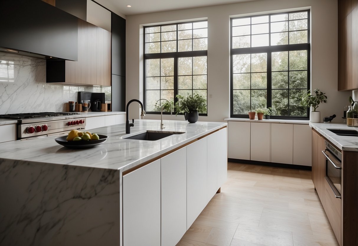 A spacious kitchen with modern appliances, marble countertops, and a large island. Natural light floods in through the windows, illuminating the sleek, minimalist design