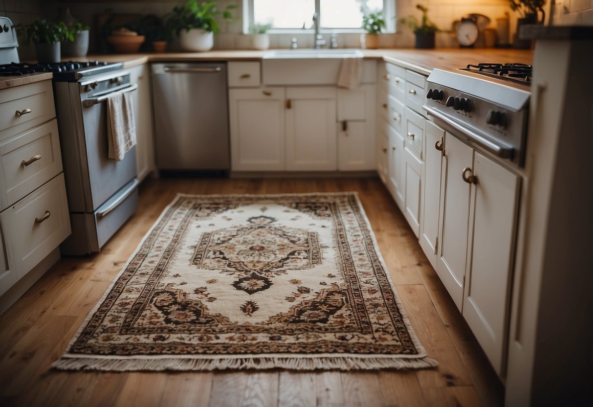 A vintage rug lies in the center of a cozy kitchen, adding warmth and character to the space. The intricate patterns and faded colors evoke a sense of nostalgia and charm