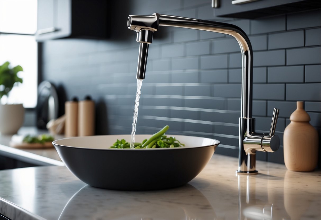 A sleek pot filler faucet extends from the tiled backsplash, above a modern kitchen range. The faucet's elegant curve adds a touch of sophistication to the clean, minimalist design