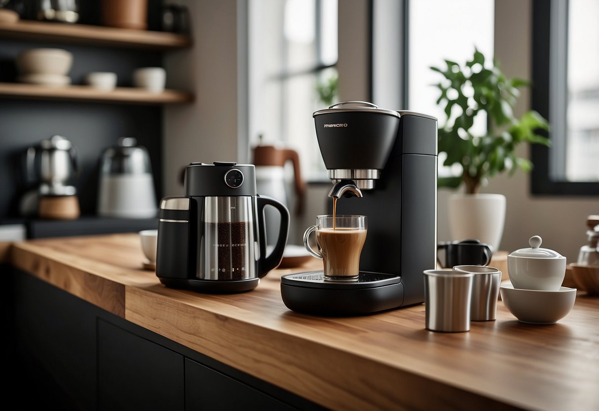 A sleek, modern coffee station nestled within a spacious kitchen, complete with a built-in espresso machine, grinder, and neatly organized mugs and accessories