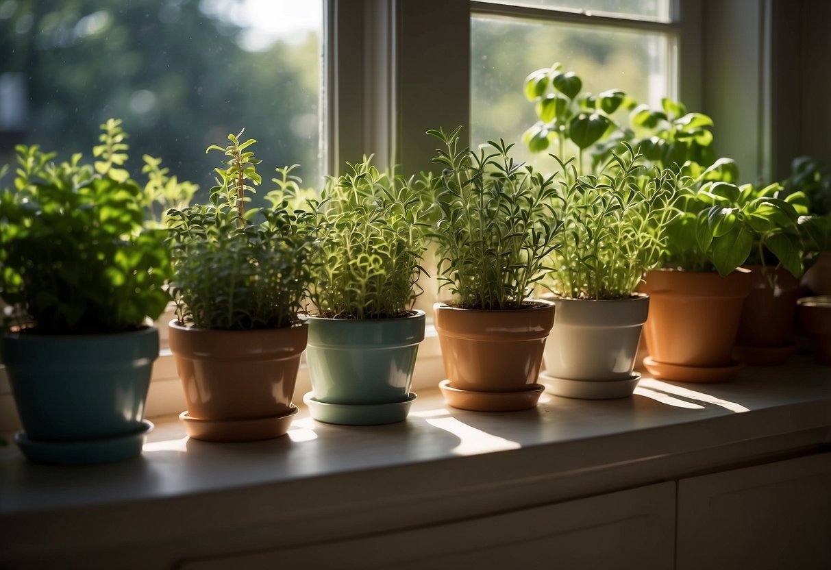 A sunlit kitchen window frames a flourishing herb garden, with pots of basil, rosemary, and thyme. The vibrant greenery adds a touch of natural beauty to the space