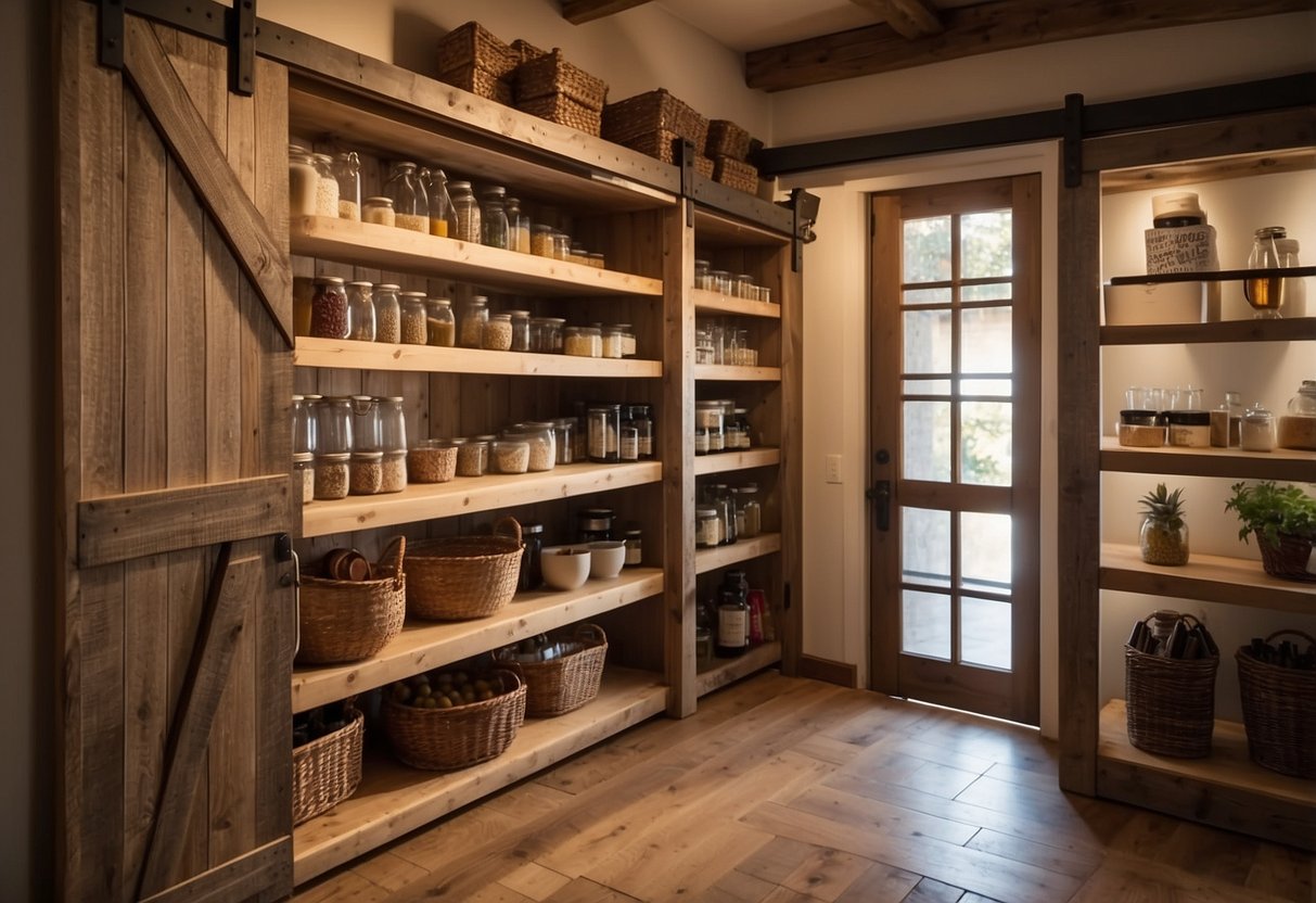 A rustic barn door slides open to reveal a well-organized pantry with shelves stocked with kitchen essentials. The warm, inviting atmosphere is enhanced by the soft glow of overhead lighting