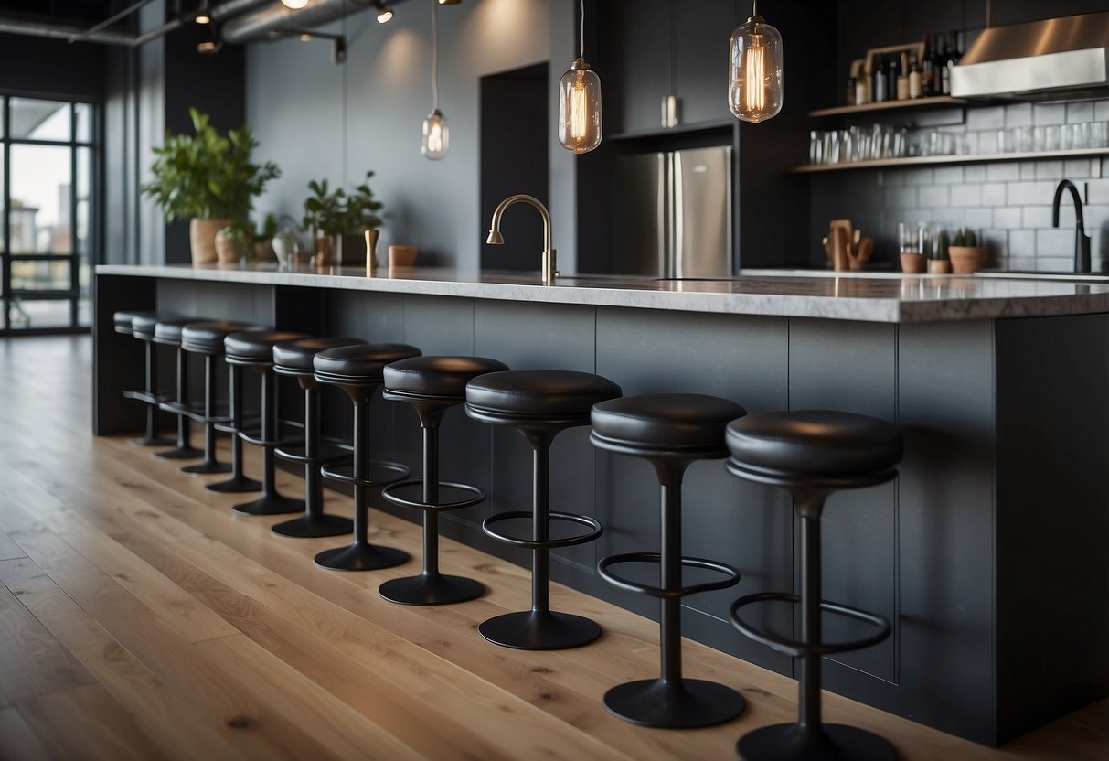 Several industrial bar stools arranged in a modern kitchen setting with sleek countertops and minimalist design elements