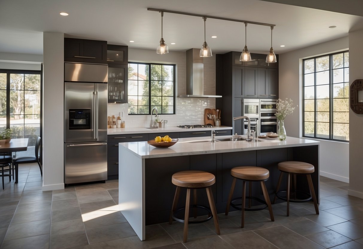 A modern kitchen with ceramic tile flooring, sleek cabinets, and stainless steel appliances. Bright natural light floods the space, creating a warm and inviting atmosphere