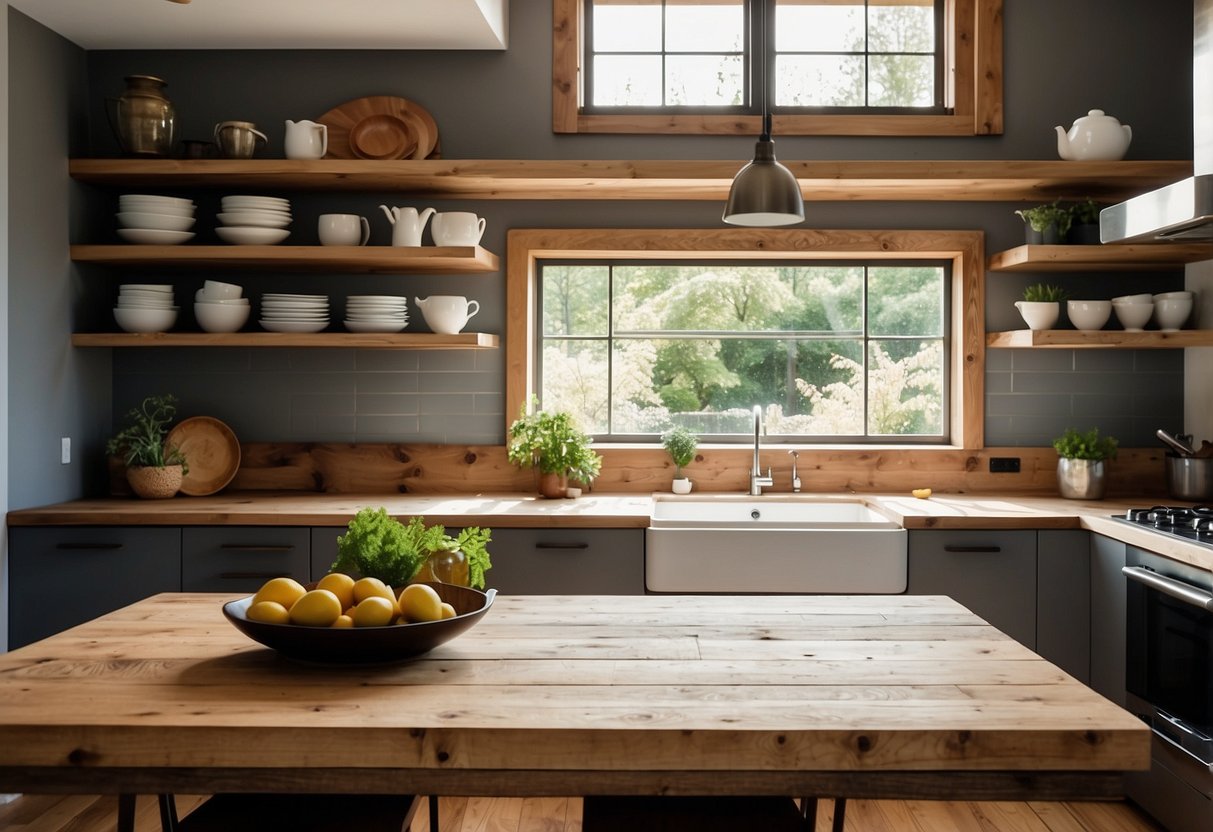 A modern kitchen with reclaimed wood accents, including a rustic kitchen island and floating shelves, illuminated by natural light from large windows