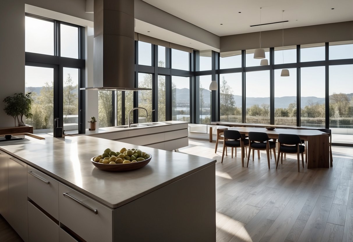 A spacious kitchen with an open layout, featuring a large island with a sleek countertop, modern appliances, and ample storage space. Natural light floods the room through large windows, highlighting the clean lines and minimalist design