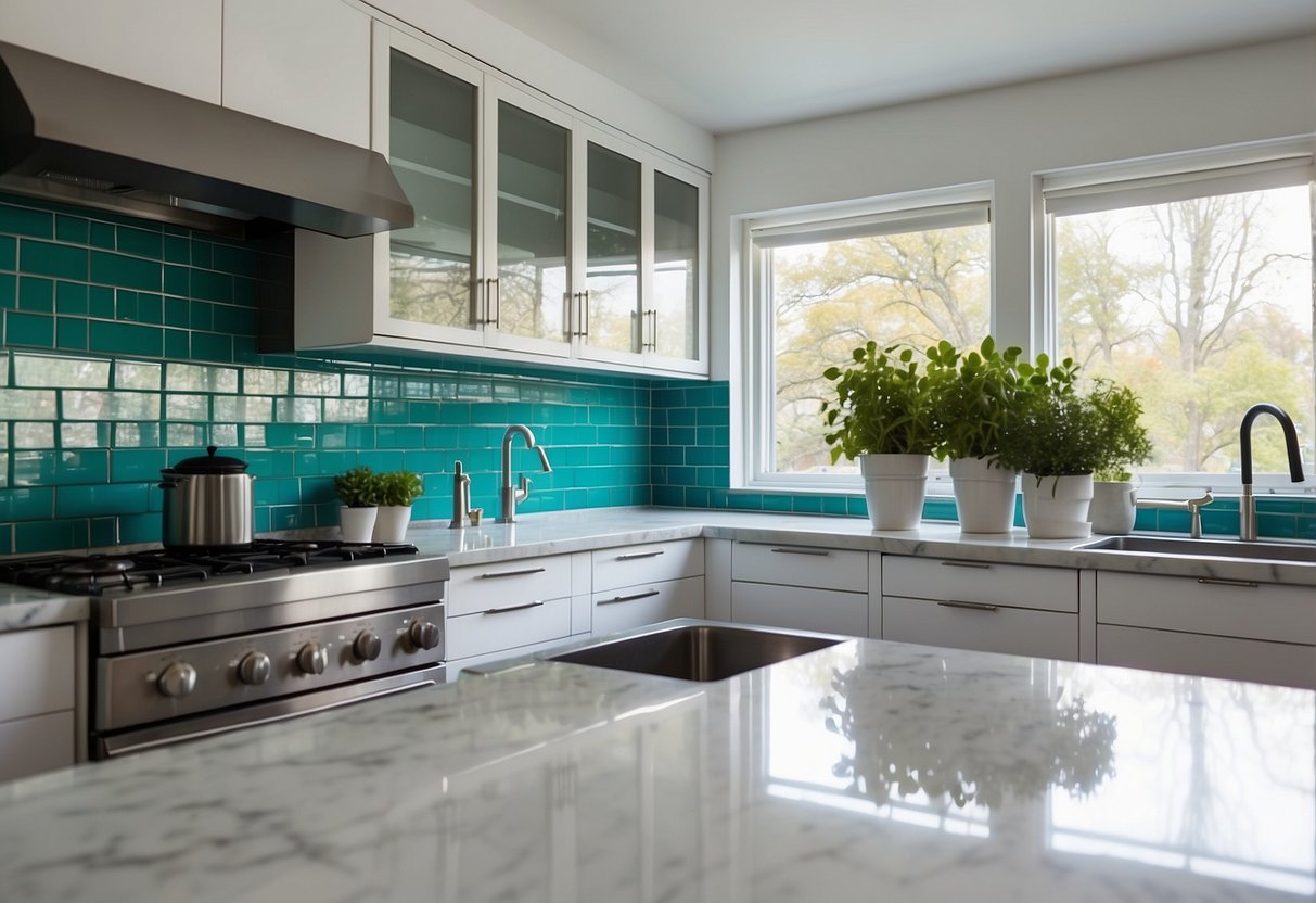 A modern kitchen with sleek white cabinets, marble countertops, and stainless steel appliances. A pop of color is added with a bold blue backsplash and vibrant green plants on the windowsill