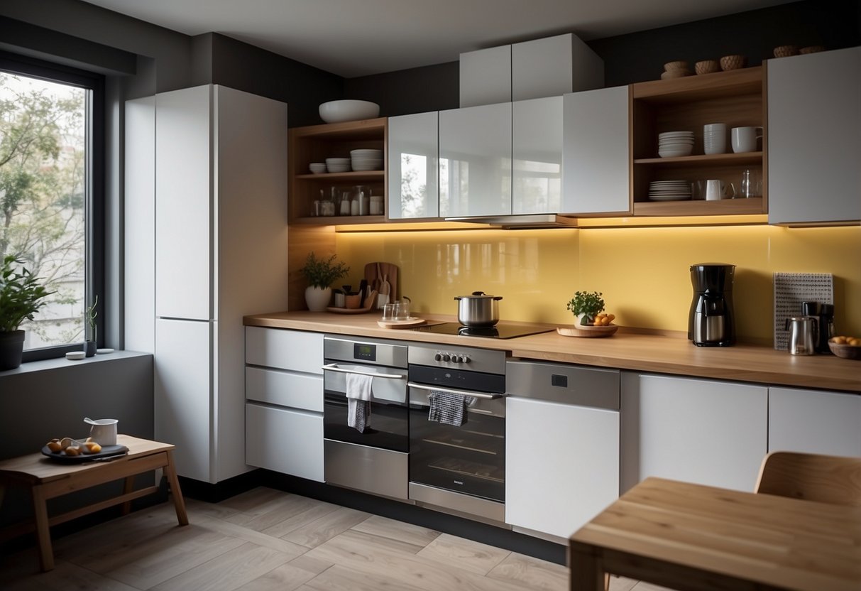 A compact kitchen with clever storage solutions and efficient layout. Creative use of wall space and multi-functional furniture. Bright lighting and pops of color create a welcoming atmosphere