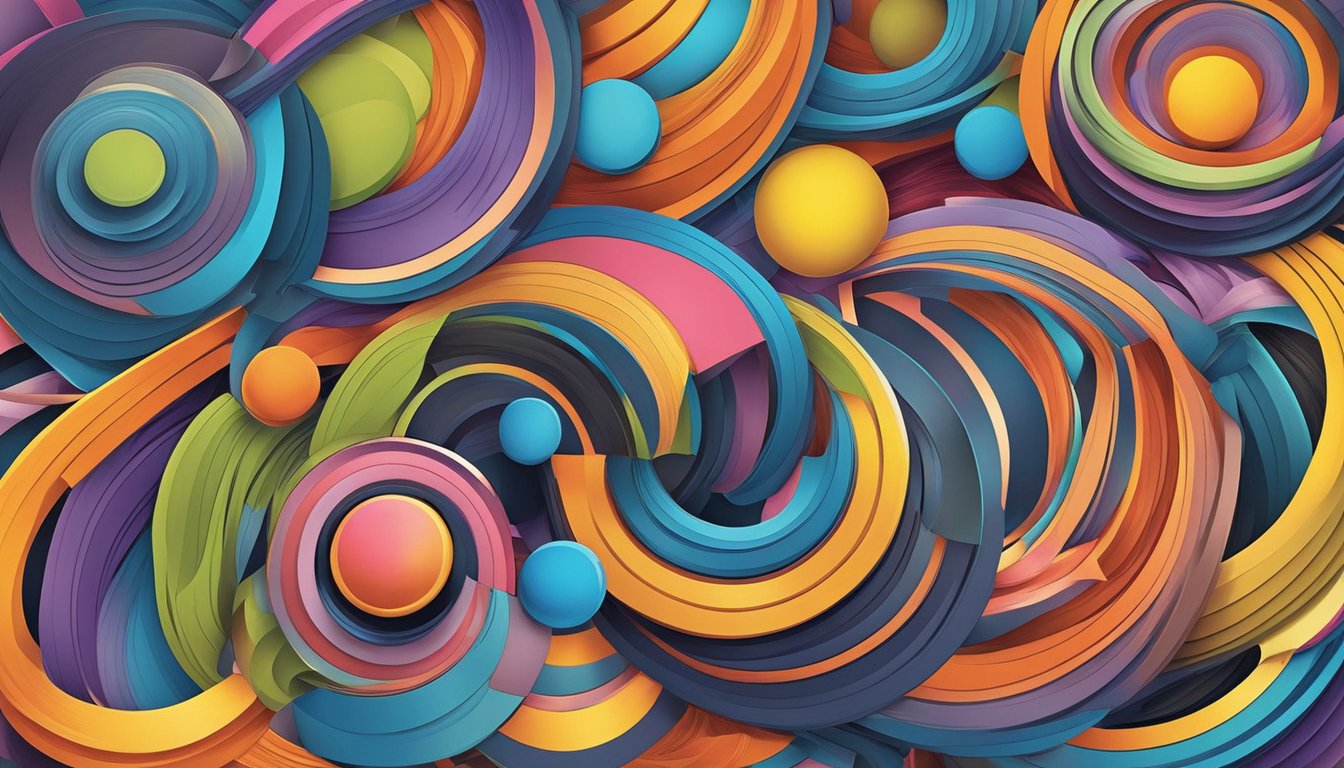 A group of diverse shapes and colors intertwining and interacting in a dynamic and harmonious manner