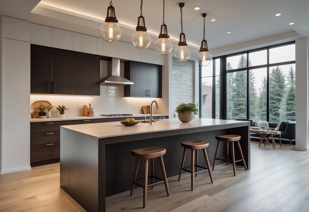 A spacious, modern kitchen with an island and sleek appliances. Large windows let in natural light, and the room is accented with stylish pendant lighting