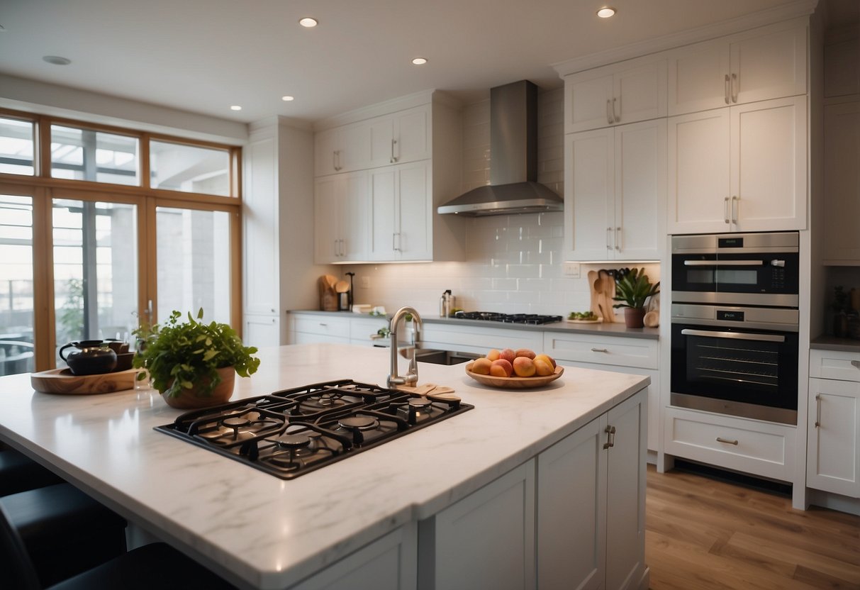 A spacious kitchen with two cooks working in a well-organized layout, featuring ample counter space, modern appliances, and a central island for food preparation