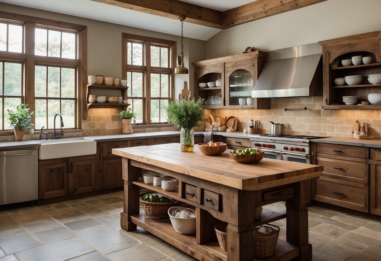 A spacious farmhouse kitchen with rustic wooden cabinets, a large farmhouse sink, and a central kitchen island with a butcher block countertop