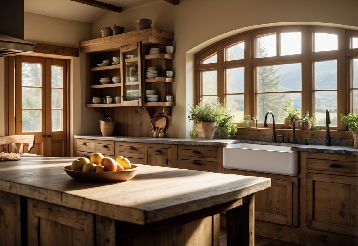 A cozy French country kitchen with rustic wooden cabinets, a farmhouse sink, and a large central island with a marble countertop. Sunlight streams in through the windows, casting a warm glow over the space