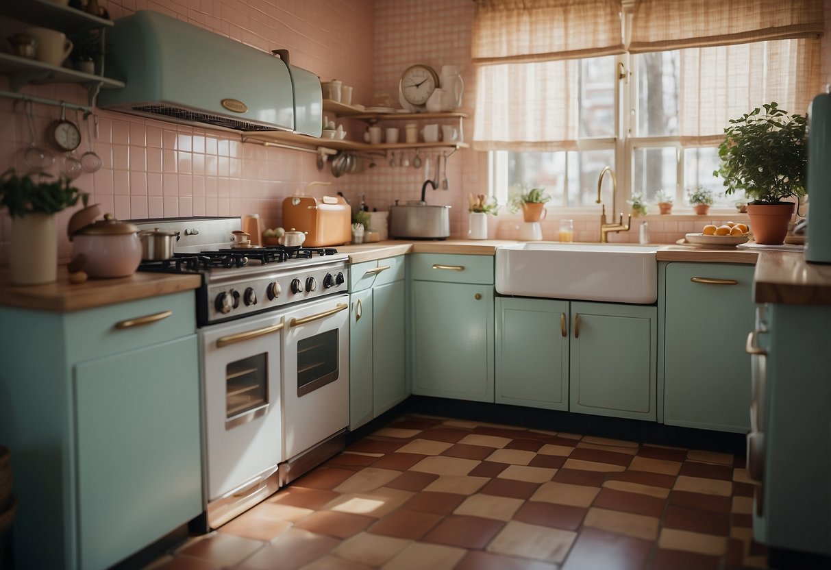 A cozy kitchen with retro appliances, checkered floors, and pastel color scheme. Vintage posters adorn the walls, while a small breakfast nook sits in the corner