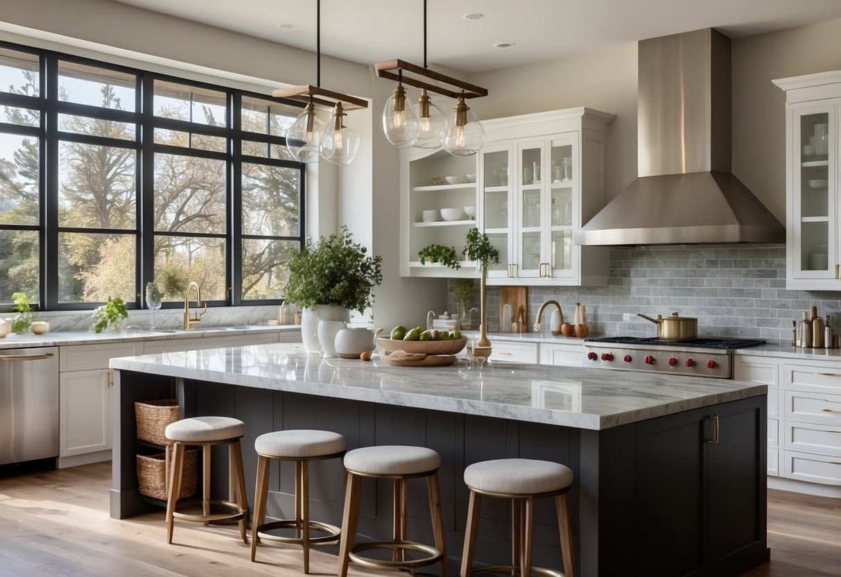 A spacious kitchen with a central island, stainless steel appliances, and marble countertops. Bright natural light floods the room through large windows, highlighting the clean lines and neutral color palette of the transitional style design