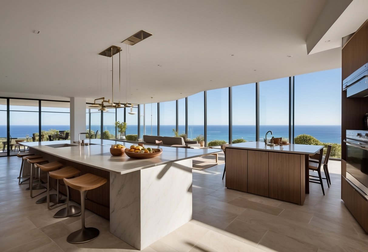 A spacious, open-plan kitchen with ocean views, modern appliances, and a large central island for cooking and entertaining