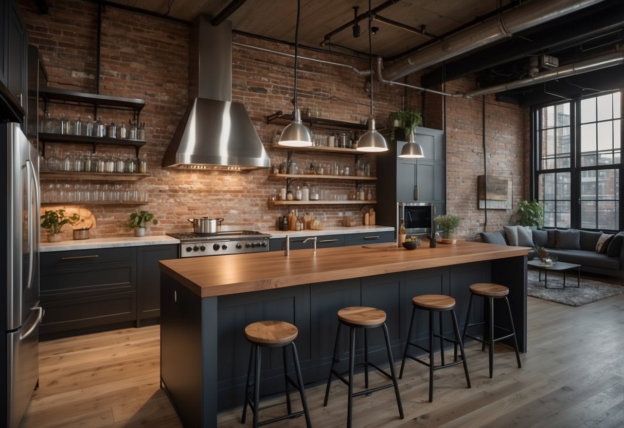 An open-concept kitchen with industrial-style lighting, exposed brick walls, and a large center island with bar seating. Stainless steel appliances and sleek, modern cabinetry complete the urban loft aesthetic